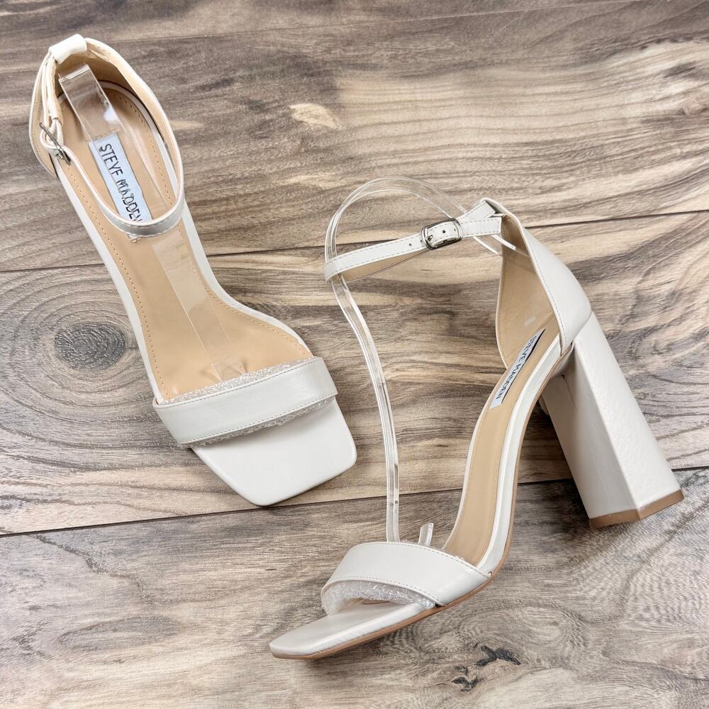 NIB Steve Madden 8.5M Tiaa Leather Two Piece Ankle Strap Block Heel Sandal Bone